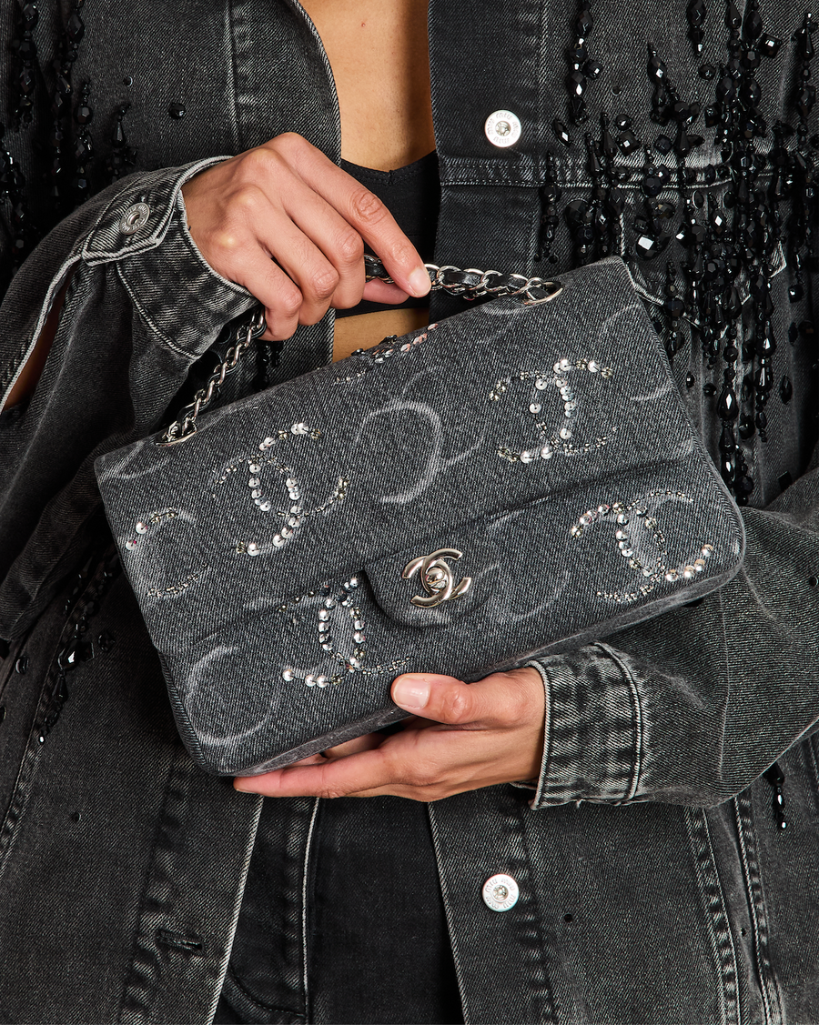 Chanel Denim Charcoal Medium Double Flap Bag with Silver Hardware and Sequin CC Detail
