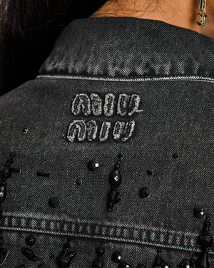 Miu Miu Washed Black Logo Embellished Oversized Denim Jacket Size IT 38 (UK 6)