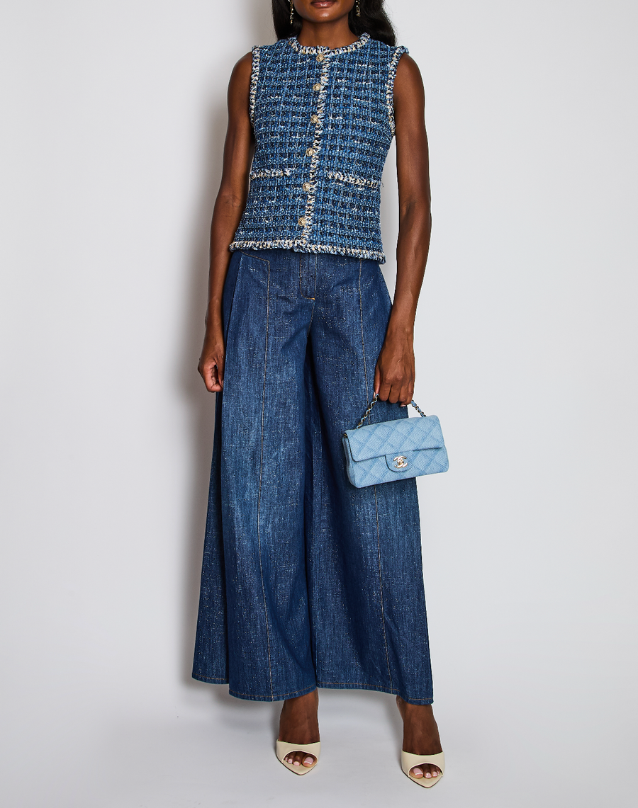 Chanel 25/A Blue Sleeveless Tweed Vest with Braided Trim Detail Size FR 36 (UK 8)