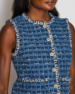 Chanel 25/A Blue Sleeveless Tweed Vest with Braided Trim Detail Size FR 36 (UK 8)