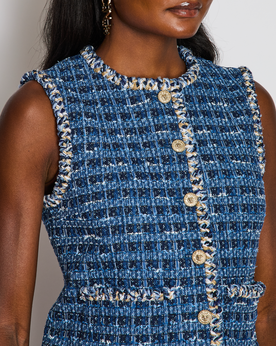 Chanel 25/A Blue Sleeveless Tweed Vest with Braided Trim Detail Size FR 36 (UK 8)