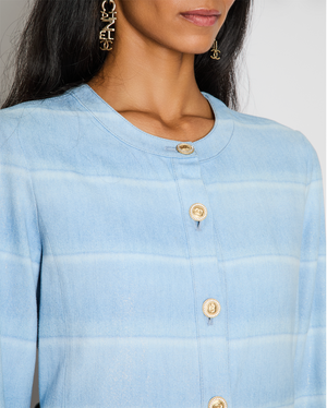 Chanel 26/C Blue Striped Long Sleeve Jacket with CC Logo Button Detail Size FR 36 (UK 8)