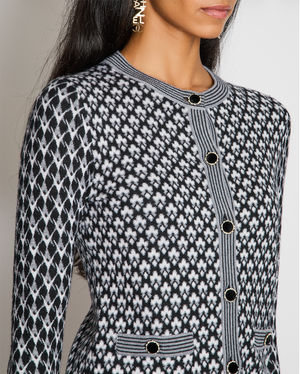 Chanel Black, White, and Grey Cashmere Cardigan with Velvet and Pearl Buttons Size FR 34 (UK 6)