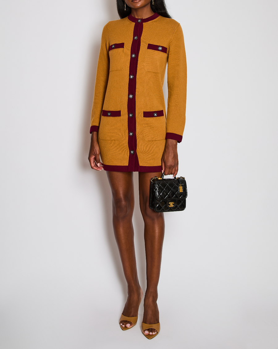 Chanel 21/K Orange Cashmere Longline Cardigan with Purple Contrast Trim and Crystal CC Buttons Size FR 34 (UK 6)