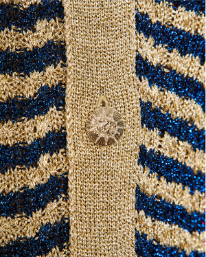 Chanel Gold and Blue Striped Glitter Cardigan with Red CC Logo Print and Gold CC Logo Buttons Size FR 36 (UK 8)