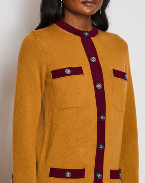 Chanel 21/K Orange Cashmere Longline Cardigan with Purple Contrast Trim and Crystal CC Buttons Size FR 34 (UK 6)