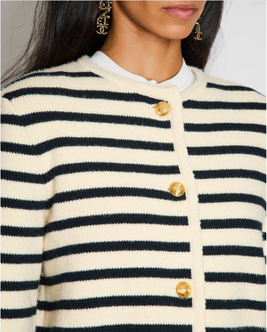 Celine Cream and Navy Striped Knitted Cardigan with Gold Button Detail FR 38 (UK 10)