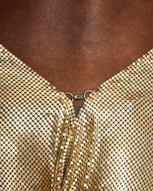 Fannie Schiavoni Gold Chainmail Draped Cowl Neck Hailey Mini Dress Size S (UK 6-8)