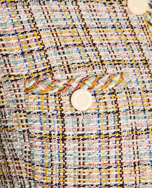 Chanel Multi-Colour Tweed Blazer and Midi Skirt Set with CC Logo Buttons and Feather Trim Size FR 38-42 (UK 12-14)