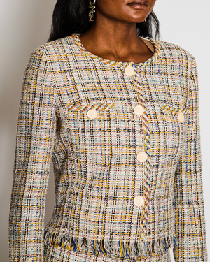 Chanel Multi-Colour Tweed Blazer and Midi Skirt Set with CC Logo Buttons and Feather Trim Size FR 38-42 (UK 12-14)