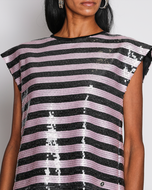 Chanel 22/C Pink and Black Striped Sequin Top with CC Logo Plaque Size FR 40 (UK 12)