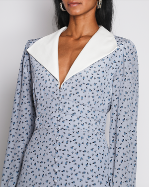 Alessandra Rich Blue Floral Print Long Sleeve Maxi Dress with White Collar Detail Size IT 44 (UK 12)