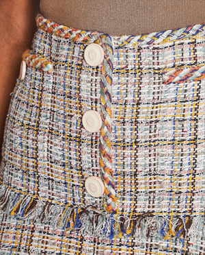 Chanel Multi-Colour Tweed Midi Skirt with CC Logo Buttons and Feather Trim Size FR 38 (UK 10)