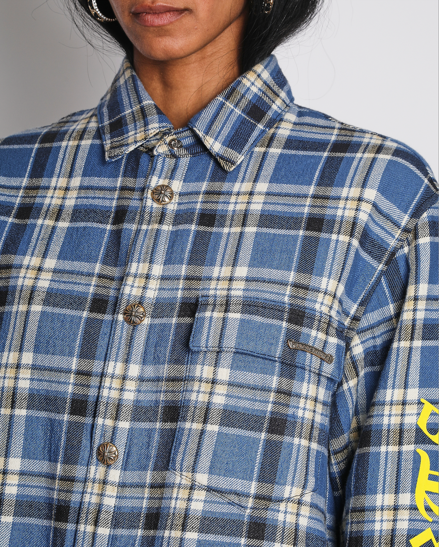 Chrome Hearts Mens Blue and Yellow Plaid Overshirt with Yellow Sleeve Logo Detail Size M (UK 44