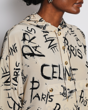 Celine Beige Triomphe Logo Print Hooded Top with Matching Shorts Set Size FR 36/38 (UK 8/10)