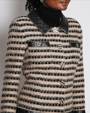Chanel 19A Paris-New York Métiers d'Art Striped Tweed & Leather Jacket Midi Skirt FR 38 (UK 10)