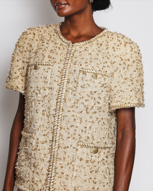 Chanel Beige Short-sleeve Jacket with Gold and Braided Trim Detail Size FR 44 (UK 16)
