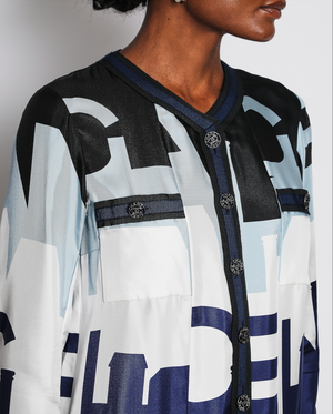 Chanel 20/S Blue Collarless Button Down Silk Panelled Jacket with CC Logo Button Detail Size FR 36 (UK 8)