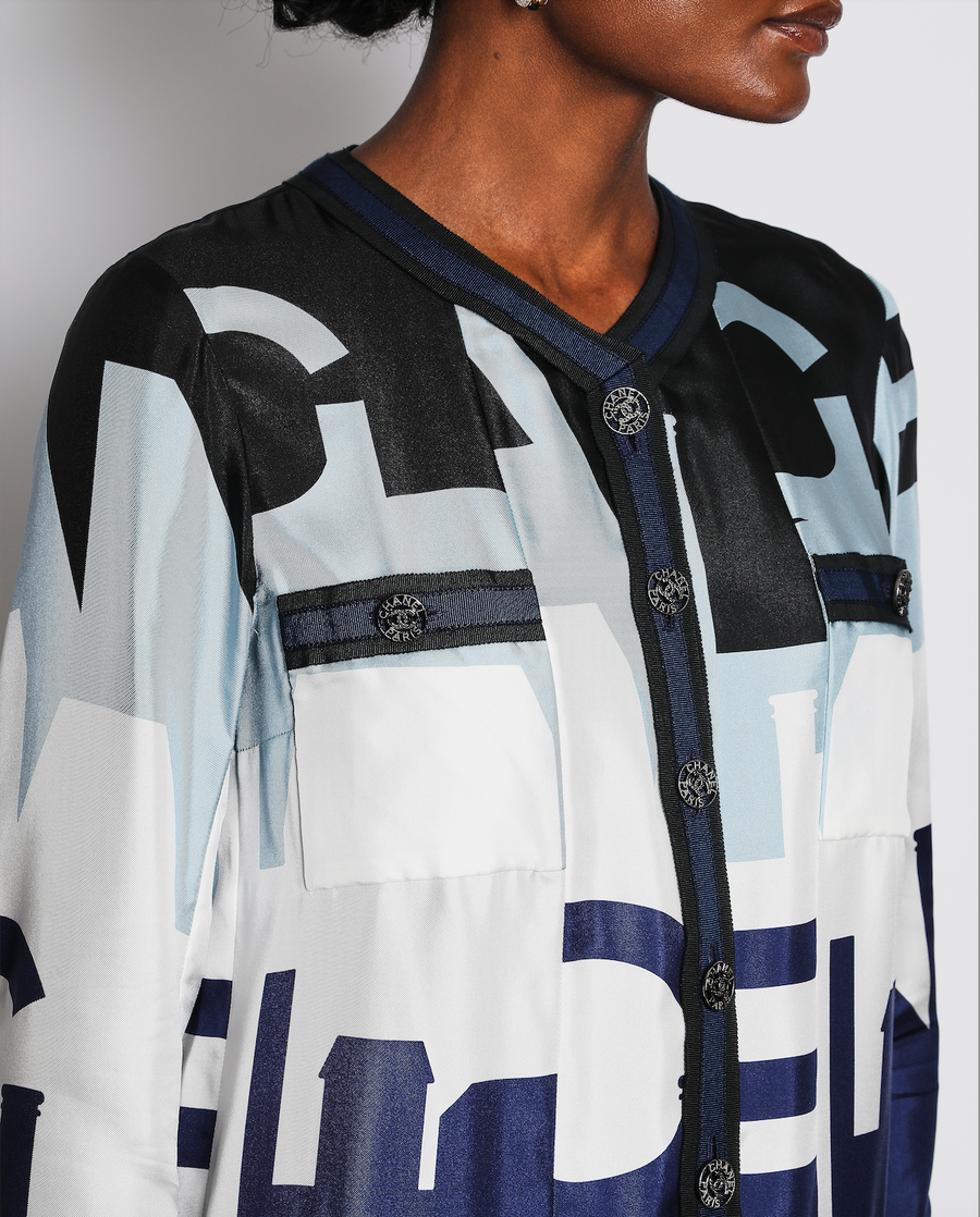 Chanel 20/S Blue Collarless Button Down Silk Panelled Jacket with CC Logo Button Detail Size FR 36 (UK 8)