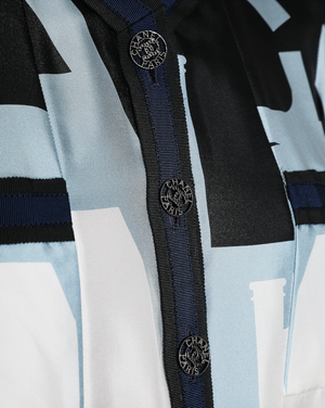 Chanel 20/S Blue Collarless Button Down Silk Panelled Jacket with CC Logo Button Detail Size FR 36 (UK 8)