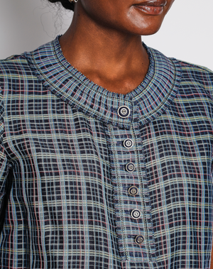 Chanel Navy Checkered Short Sleeve Blouse with CC Button Detail Size FR 36 (UK 8)
