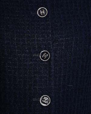 Chanel 24/S Navy Collarless Tweed Jacket with Sequin CC Pocket Detail Size FR 38 (UK 10)