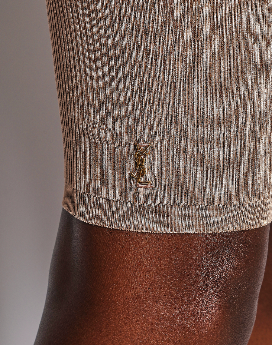 Saint Laurent Beige Ribbed Biker Shorts with Gold YSL Logo Detail Size XS (UK 6)