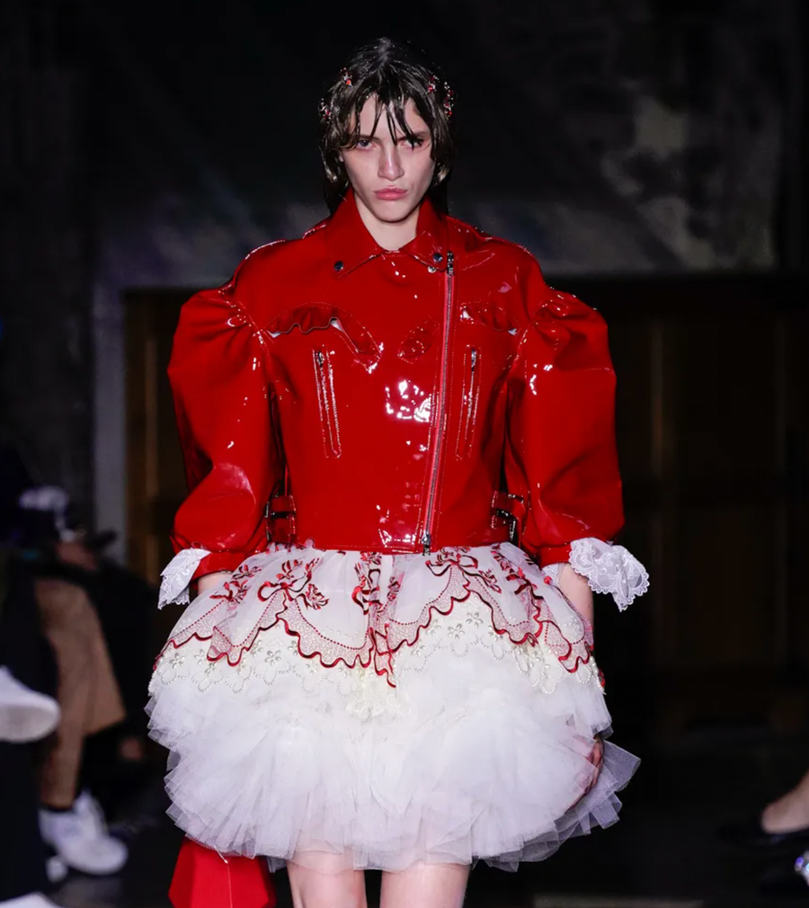 Simone Rocha SS22 Red Bubble Mid Sleeve Patent Leather Jacket with Ruffle Pockets and Buckle Details Size UK 12 RRP £2,200