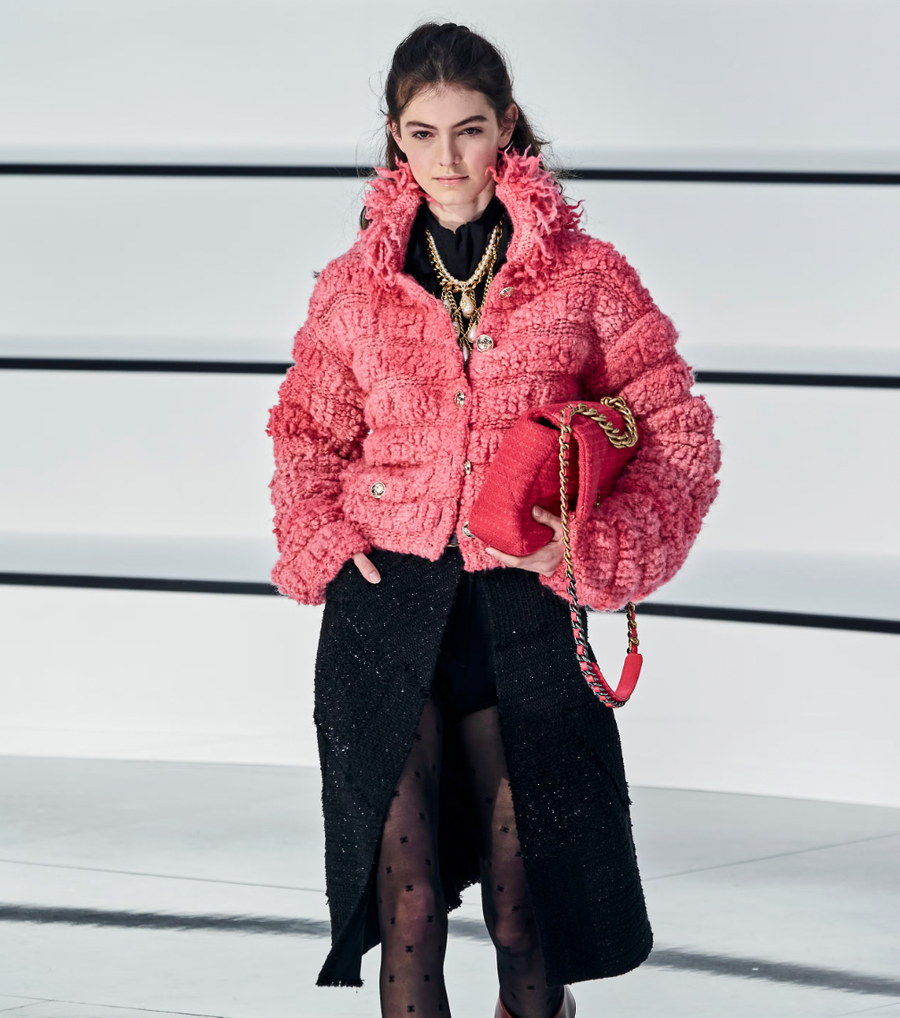 Chanel Fall 2020 Faux Fur Pink Wool Jacket with Fringed Collar and Gold CC Logo Button Details Size FR 36 (UK 8)
