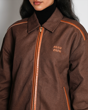 Miu Miu Brown Jacquard Zip Jacket with Logo and Leather Trim Detail Size IT 42 (UK 10)