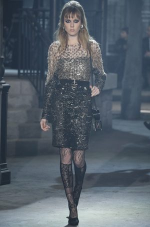 Chanel Pre-Fall 2016 Black and Silver Metallic Tweed Long-Sleeved Mini Dress with Gold and Silver Sequin and Crystal Embellishments Size FR 36 (UK 8)