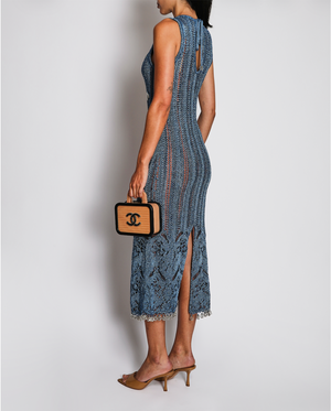 Paco Rabanne Blue Metallic Open-Knit Midi Dress with Beaded Embellishments and Trim Size UK 8