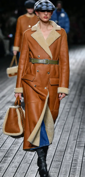 Chanel 2024 Brown Tan Leather Shearling Long Coat with Pockets and CC Detail Buttons Size FR 36 (UK 8)