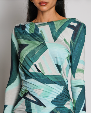 Emilio Pucci Green Printed Open Back Dress with Ruched Hip Detail Size FR 36 (UK 8)