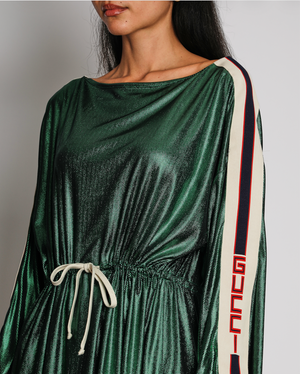 Gucci Metallic Green Knit Long Sleeve Mini Dress with Logo Print Sleeves and Adjustable Waistband Detail Size L (UK 12)
