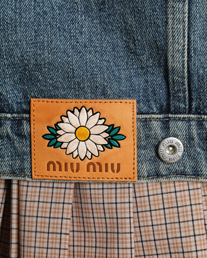 Miu Miu Blue Denim Oversized Jacket with Silver Buttons and Floral Patch Detail Size IT 40 (UK 8)