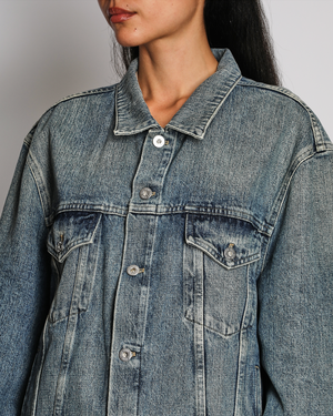 Miu Miu Blue Denim Oversized Jacket with Silver Buttons and Floral Patch Detail Size IT 40 (UK 8)