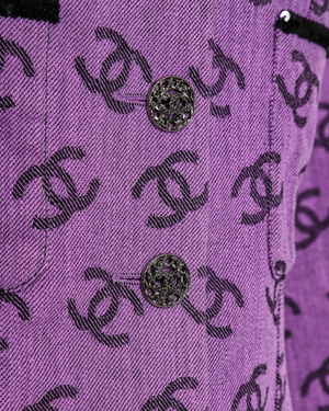 Chanel 22S Purple CC Logo Print Denim Jacket with Black Sequin Trim and Crystal Embellished CC Buttons Size FR 36 (UK 8)