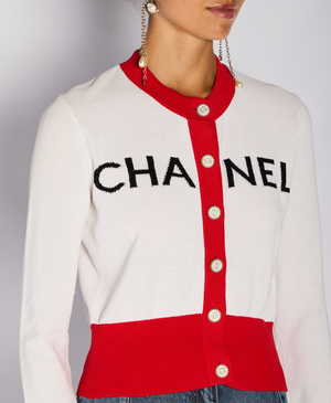 Chanel 19/S Red and White "CHANEL" Logo Button Down Cardigan with CC Button Detail Size FR 38 (UK 10)