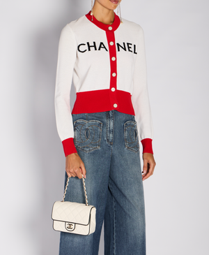 Chanel 19/S Red and White "CHANEL" Logo Button Down Cardigan with CC Button Detail Size FR 38 (UK 10)