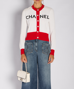 Chanel 19/S Red and White "CHANEL" Logo Button Down Cardigan with CC Button Detail Size FR 38 (UK 10)