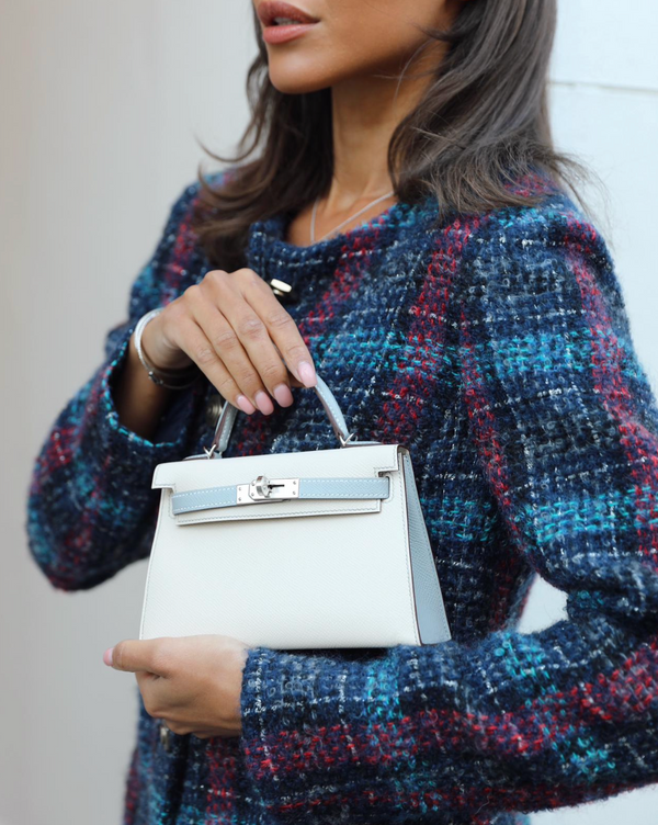 *SUPER RARE* Hermès HSS Mini Kelly II 20 Bag in Craie & Bleu Glacier Epsom Leather with Contrast Stitching and Palladium Hardware