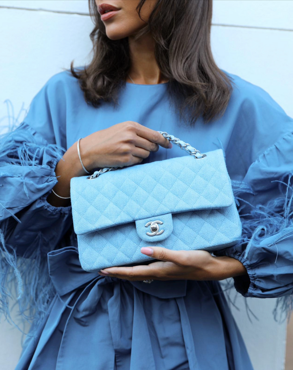 Chanel Medium Double Flap Bag in Light Blue Denim with Brushed Silver Hardware