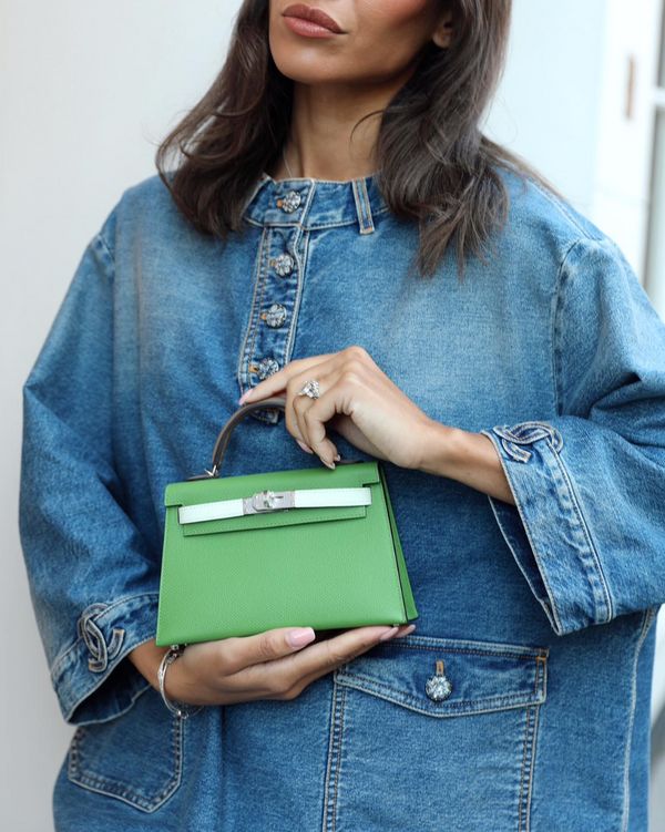 *RARE* Hermès Mini Kelly II Tricolour 20cm Bag In Vert Yucca, Vert Fizz and Etoupe Epsom Leather with Palladium Hardware
