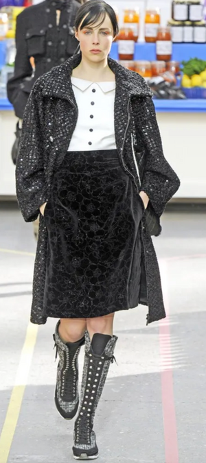 Chanel Fall 2014 Black Tweed and Sequin Knee Length Jacket with Collar and Camellia Detail Buttons and Cream Silk Panels Size FR 36 (UK 8)
