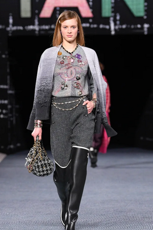 Chanel 22AGrey Cashmere Knitted Jumper with Multi-Colour Crystal Embellished CC Logo Size FR 38 (UK 10)