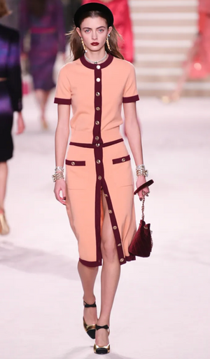 Chanel 2020 Metiers des Arts Peach Short Sleeve Knitted Button Down Cardigan with CC Button Detail Size FR 38 (UK 10)