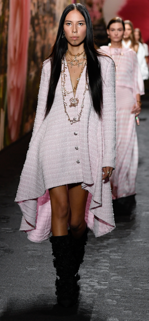 *HOT* Chanel 24S Pink Tweed Long Sleeve A-Line Asymmetric Mini Dress with Silver and Pink Logo Button Details Detail FR 34 (UK 6) RRP £11,650