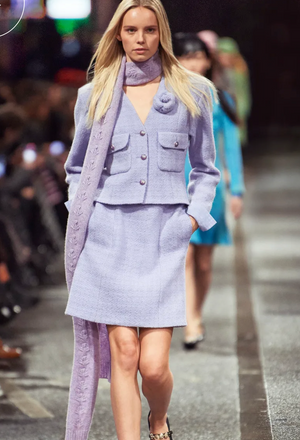 Chanel 24 Metiers des Arts Lilac Tweed Jacket with Pockets, Silk Cuff Details and Camellia Pin Size FR 40 (UK 12)