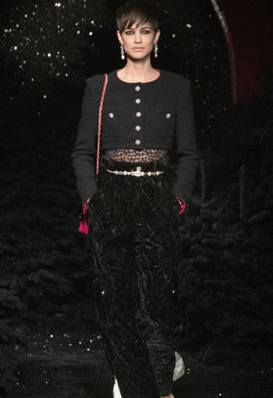 Chanel 21F/W Black Tweed Cropped Long Sleeve Jacket with Silver Crystal Logo Buttons and Pocket Detail Size FR 36 (UK 8)